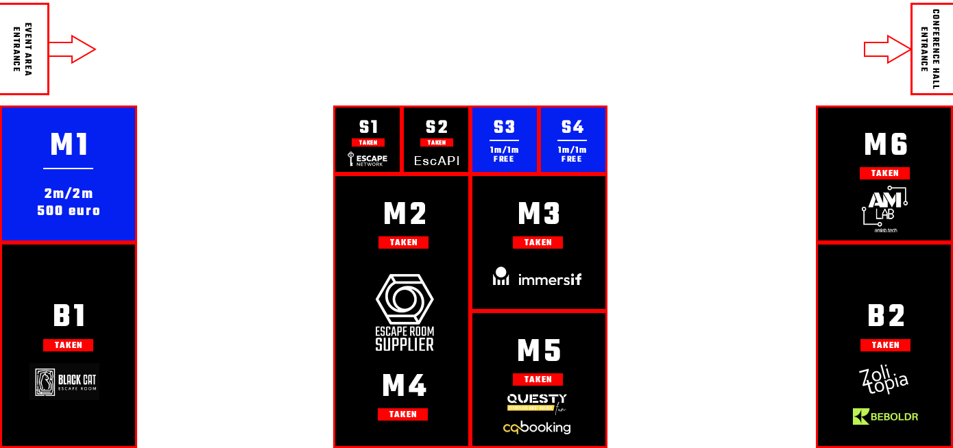 Expo floor plan showing available and reserved booth spaces