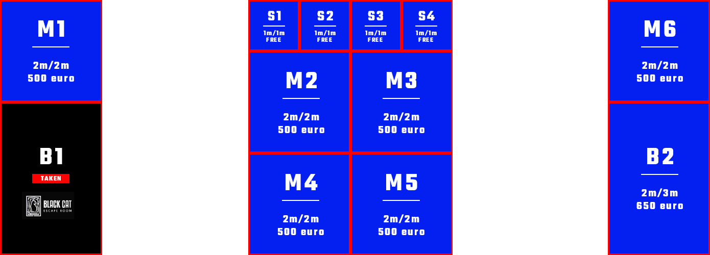 Expo floor plan showing available and reserved booth spaces