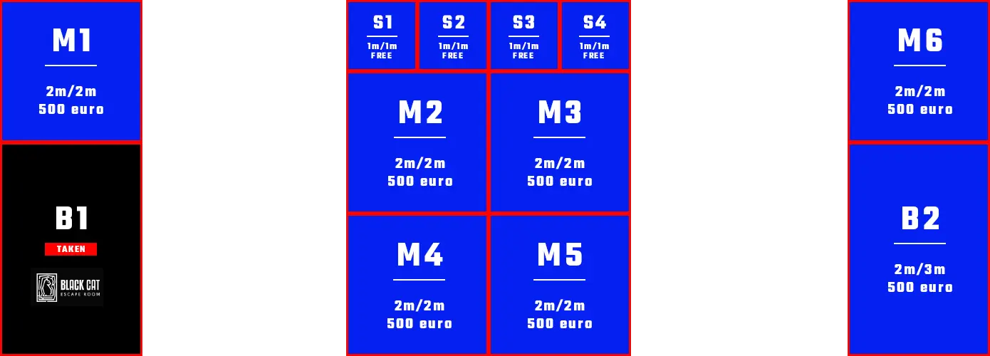 Expo floor plan showing available and reserved booth spaces